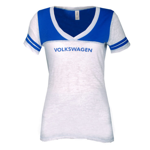VW Ladies White/Royal Football Tee
